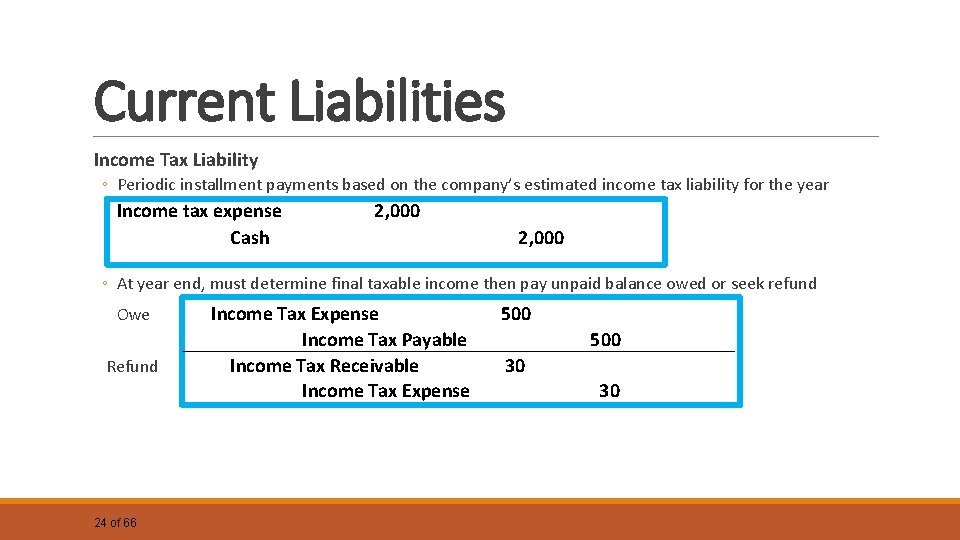 Current Liabilities Income Tax Liability ◦ Periodic installment payments based on the company’s estimated