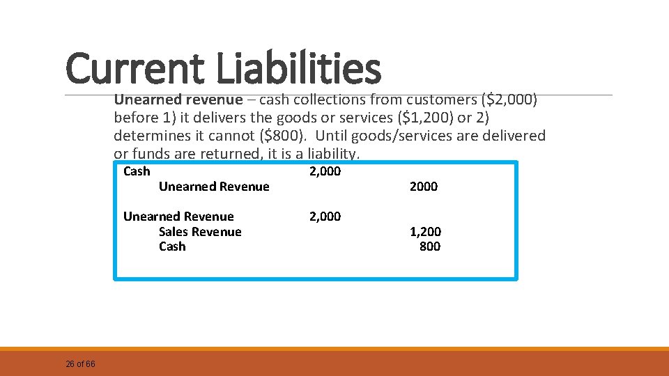 Current Liabilities Unearned revenue – cash collections from customers ($2, 000) before 1) it
