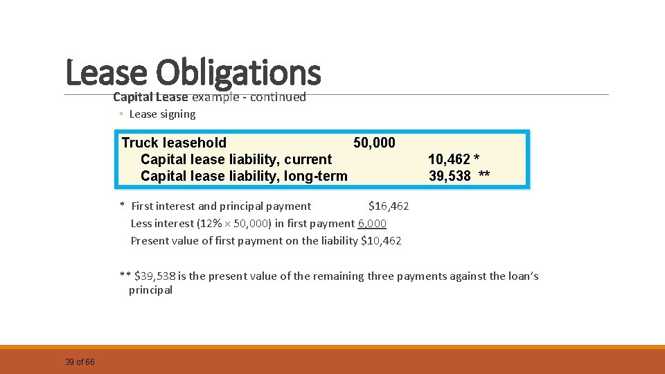 Lease Obligations Capital Lease example - continued ◦ Lease signing Truck leasehold 50, 000