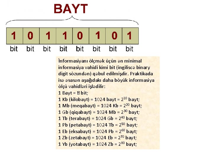 İnformasiyanı ölçmək üçün ən minimal informasiya vahidi kimi bit (ingiliscə binary digit sözundən) qəbul