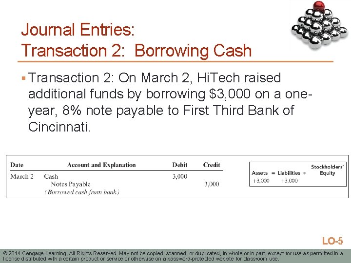 Journal Entries: Transaction 2: Borrowing Cash § Transaction 2: On March 2, Hi. Tech