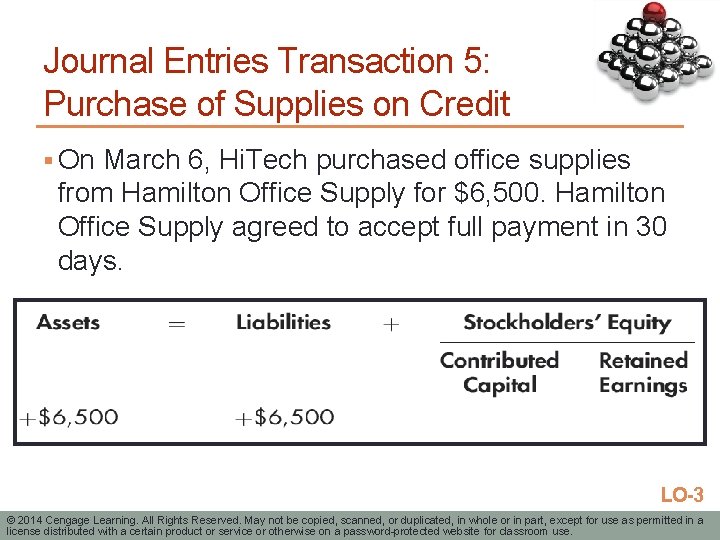 Journal Entries Transaction 5: Purchase of Supplies on Credit § On March 6, Hi.