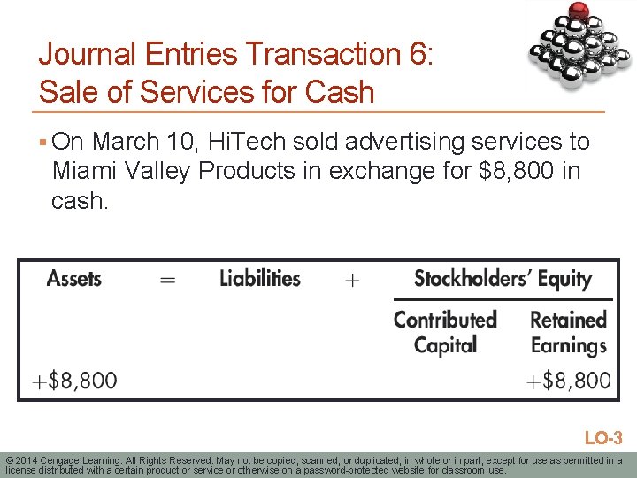 Journal Entries Transaction 6: Sale of Services for Cash § On March 10, Hi.