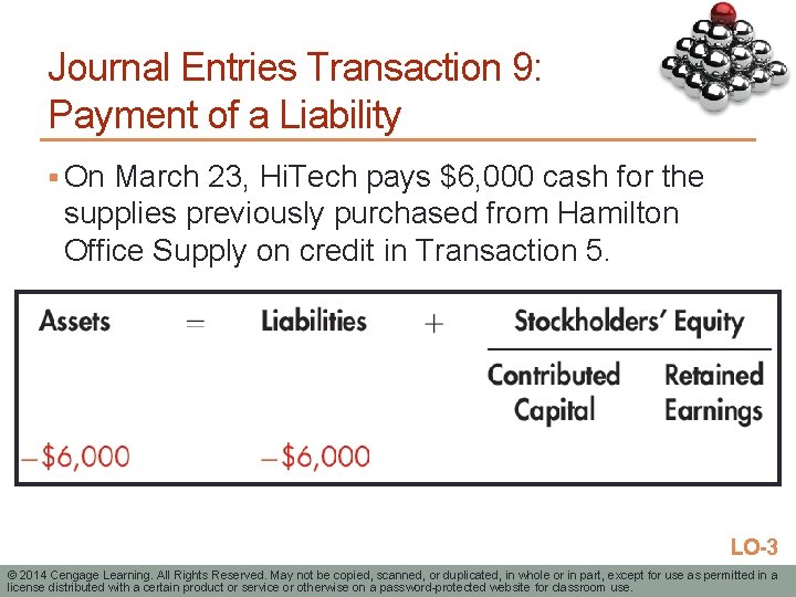 Journal Entries Transaction 9: Payment of a Liability § On March 23, Hi. Tech