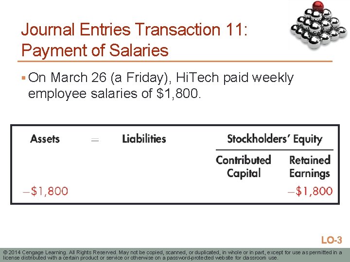 Journal Entries Transaction 11: Payment of Salaries § On March 26 (a Friday), Hi.