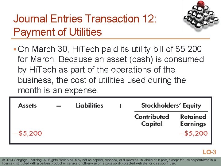 Journal Entries Transaction 12: Payment of Utilities § On March 30, Hi. Tech paid