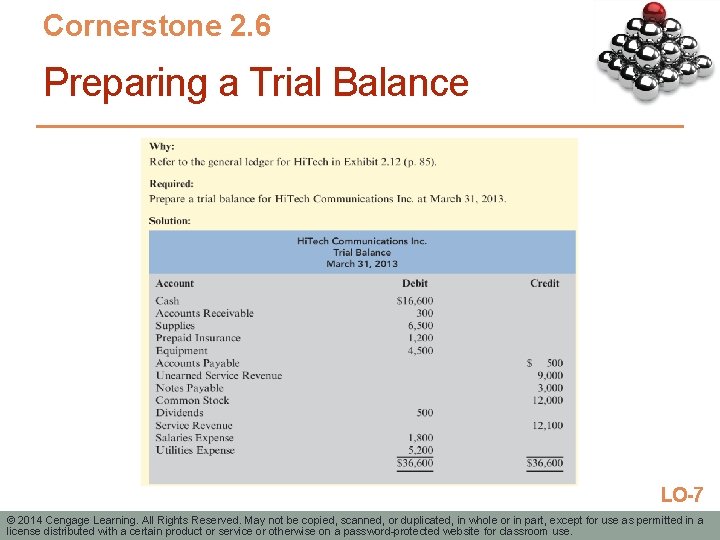 Cornerstone 2. 6 Preparing a Trial Balance LO-7 © 2014 Cengage Learning. All Rights