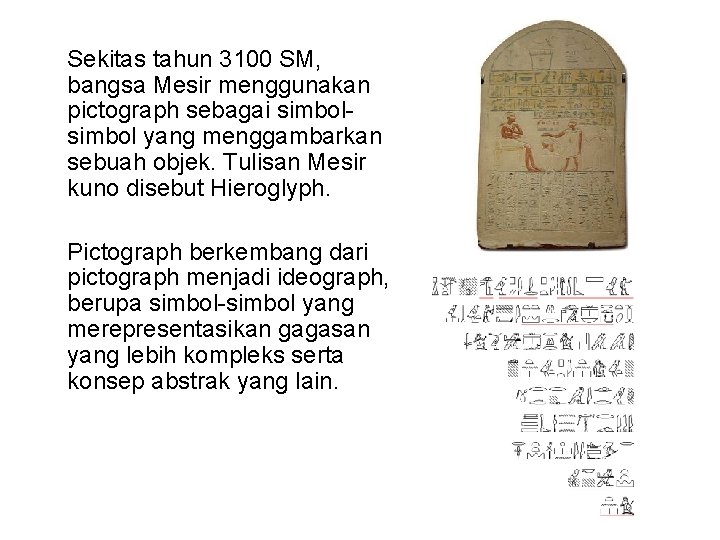 Sekitas tahun 3100 SM, bangsa Mesir menggunakan pictograph sebagai simbol yang menggambarkan sebuah objek.