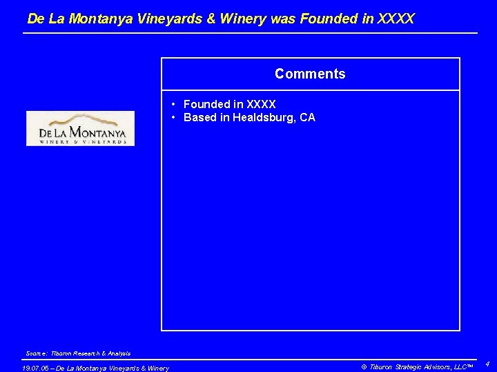 De La Montanya Vineyards & Winery was Founded in XXXX Comments • Founded in