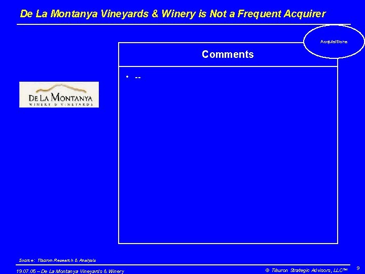 De La Montanya Vineyards & Winery is Not a Frequent Acquirer Acquisitions Comments •