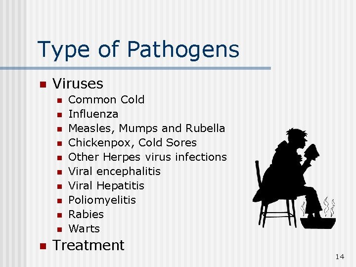 Type of Pathogens n Viruses n n n Common Cold Influenza Measles, Mumps and