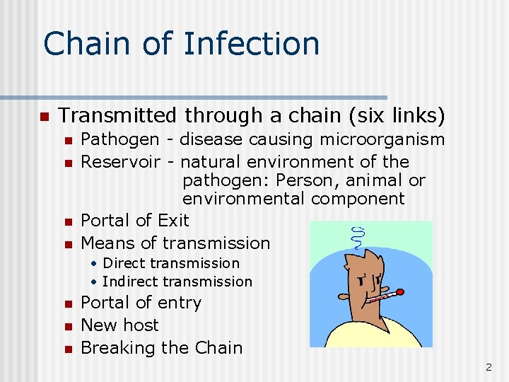 Chain of Infection n Transmitted through a chain (six links) n n Pathogen -
