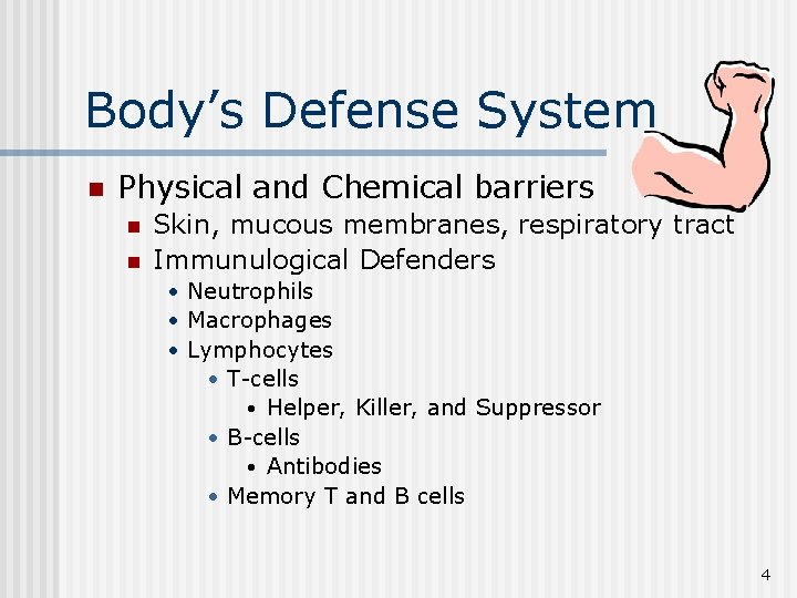 Body’s Defense System n Physical and Chemical barriers n n Skin, mucous membranes, respiratory