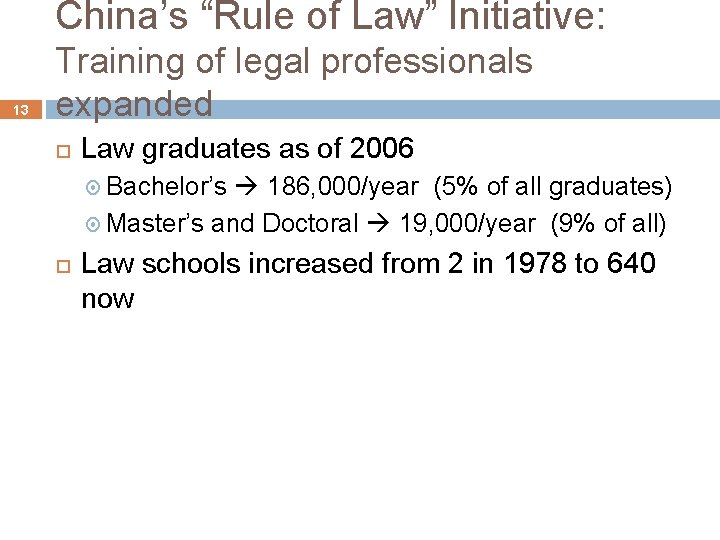 China’s “Rule of Law” Initiative: 13 Training of legal professionals expanded Law graduates as