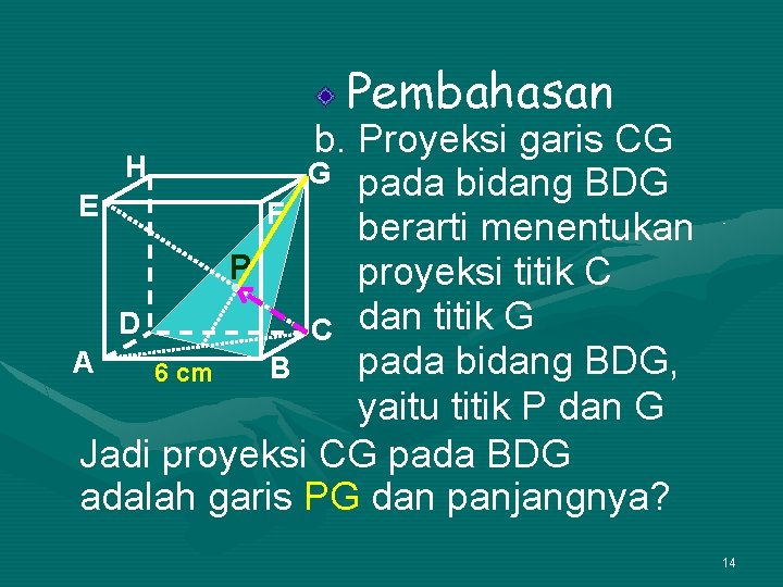 Pembahasan b. Proyeksi garis CG H G pada bidang BDG E F berarti menentukan