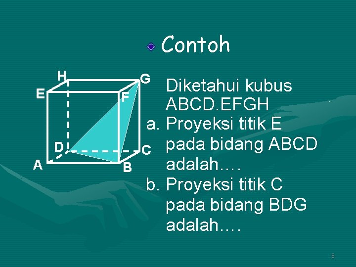 Contoh H E G F D A B Diketahui kubus ABCD. EFGH a. Proyeksi