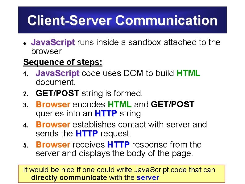 Client-Server Communication Java. Script runs inside a sandbox attached to the browser Sequence of