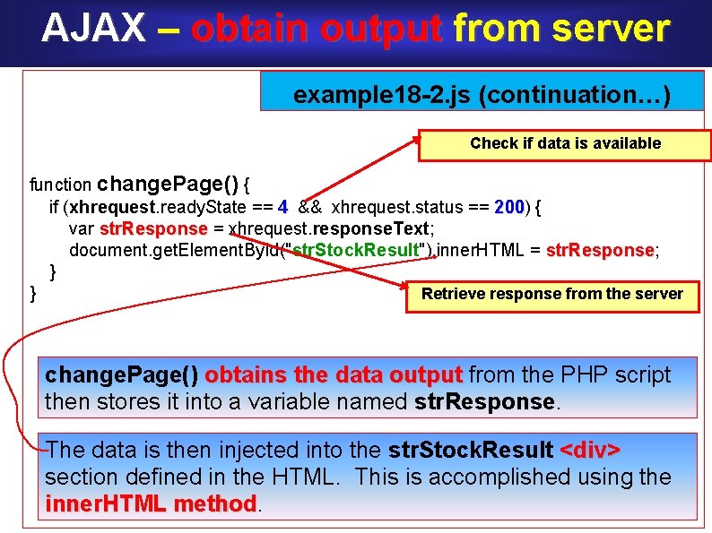 AJAX – obtain output from server example 18 -2. js (continuation…) Check if data