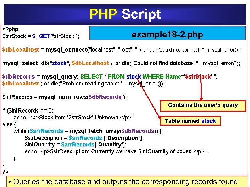 PHP Script <? php $str. Stock = $_GET["str. Stock"]; $_GET example 18 -2. php