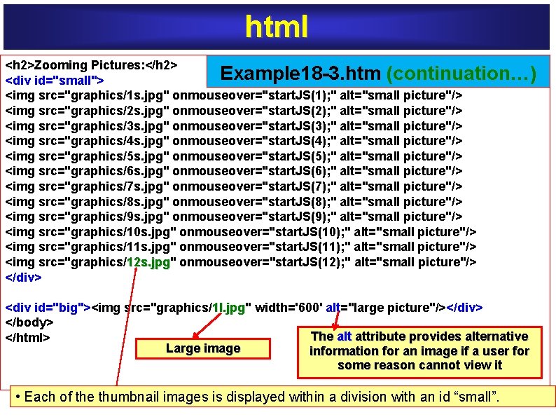 html <h 2>Zooming Pictures: </h 2> Example 18 -3. htm (continuation…) <div id="small"> <img