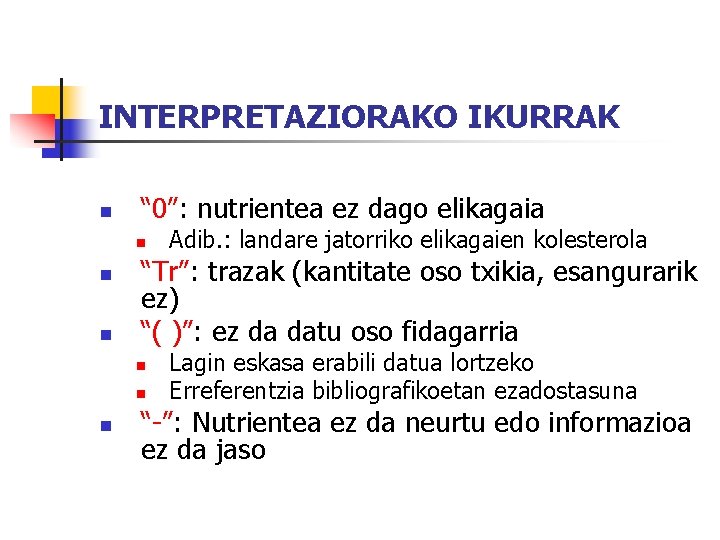 INTERPRETAZIORAKO IKURRAK n “ 0”: nutrientea ez dago elikagaia n n n “Tr”: trazak