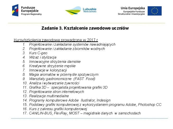 Zadanie 3. Kształcenie zawodowe uczniów Kursy/szkolenia zawodowe prowadzone w 2017 r 1. Projektowanie i