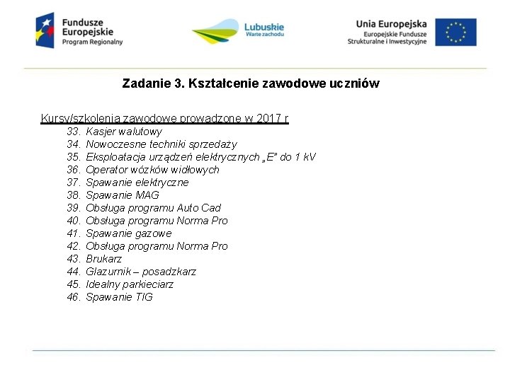 Zadanie 3. Kształcenie zawodowe uczniów Kursy/szkolenia zawodowe prowadzone w 2017 r 33. Kasjer walutowy