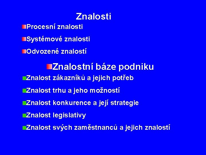 Znalosti Procesní znalosti Systémové znalosti Odvozené znalostí Znalostní báze podniku Znalost zákazníků a jejich