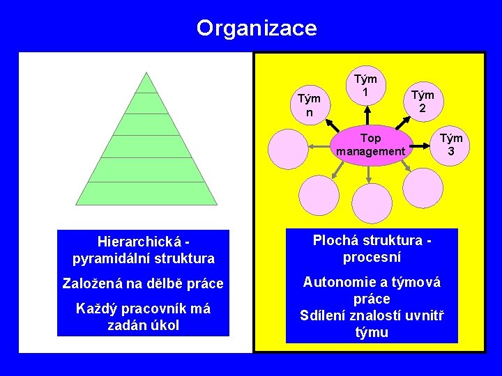 Organizace Tým n Tým 1 Tým 2 Top management Tým 3 Hierarchická pyramidální struktura