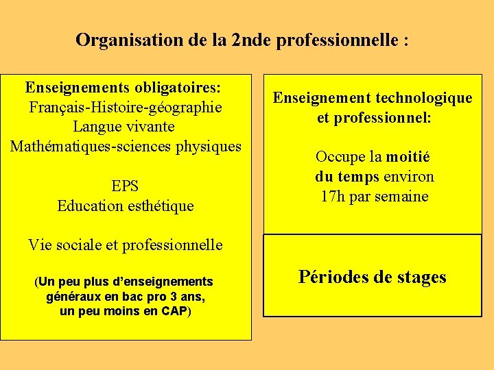 Organisation de la 2 nde professionnelle : Enseignements obligatoires: Français-Histoire-géographie Langue vivante Mathématiques-sciences physiques