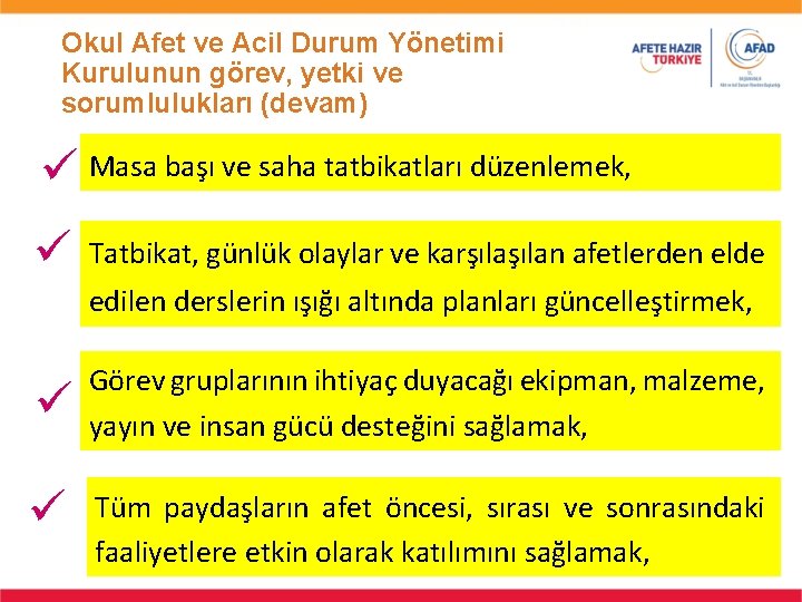 Okul Afet ve Acil Durum Yönetimi Kurulunun görev, yetki ve sorumlulukları (devam) Masa başı