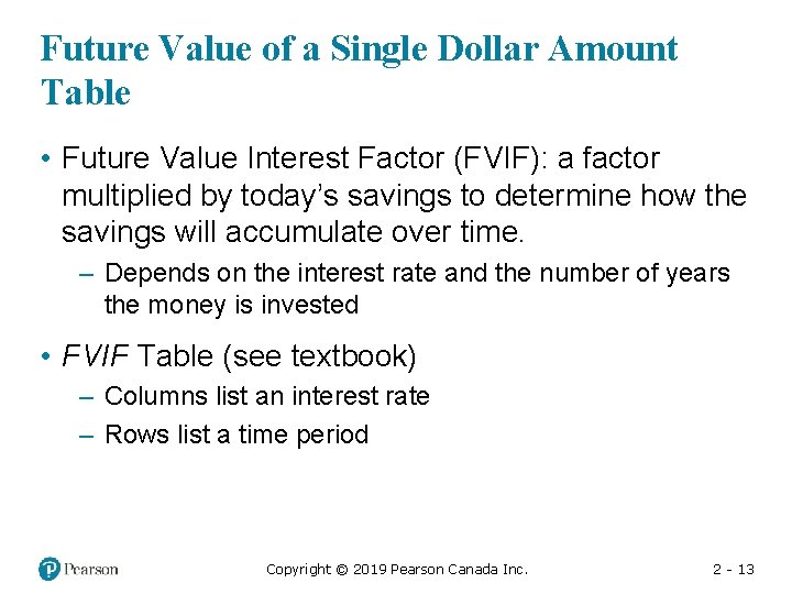 Future Value of a Single Dollar Amount Table • Future Value Interest Factor (FVIF):