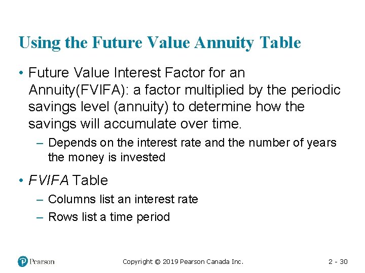 Using the Future Value Annuity Table • Future Value Interest Factor for an Annuity(FVIFA):