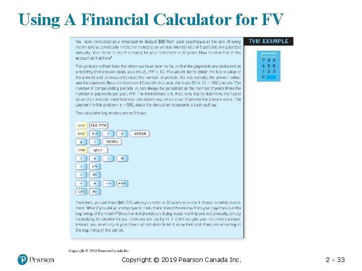 Using A Financial Calculator for FV Copyright © 2019 Pearson Canada Inc. 2 -