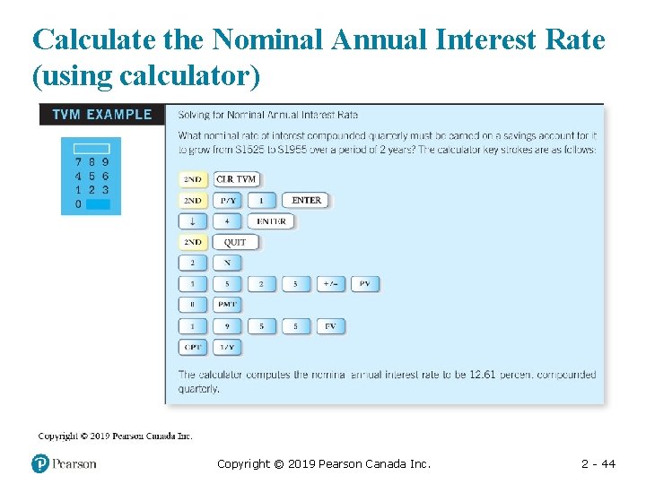 Calculate the Nominal Annual Interest Rate (using calculator) Copyright © 2019 Pearson Canada Inc.