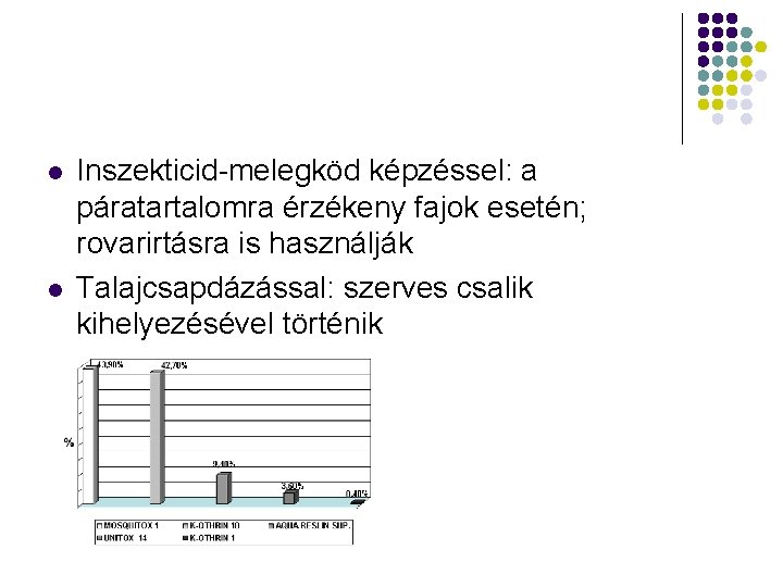 l l Inszekticid-melegköd képzéssel: a páratartalomra érzékeny fajok esetén; rovarirtásra is használják Talajcsapdázással: szerves