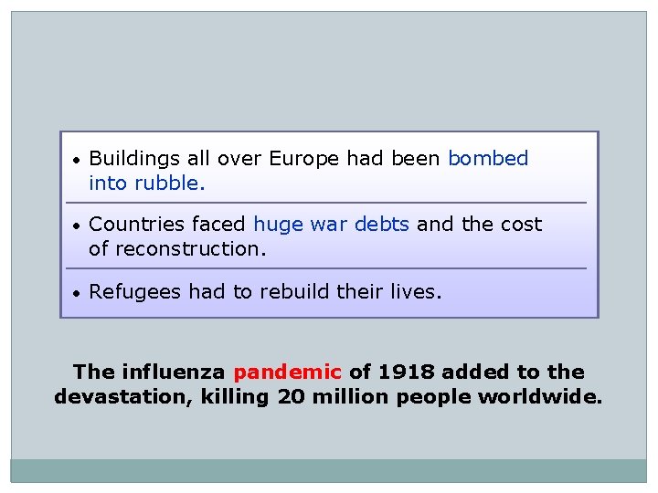  • Buildings all over Europe had been bombed into rubble. • Countries faced