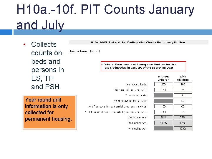 H 10 a. -10 f. PIT Counts January and July • Collects counts on