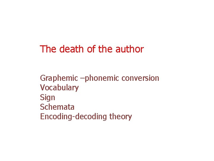 The death of the author Graphemic –phonemic conversion Vocabulary Sign Schemata Encoding-decoding theory 