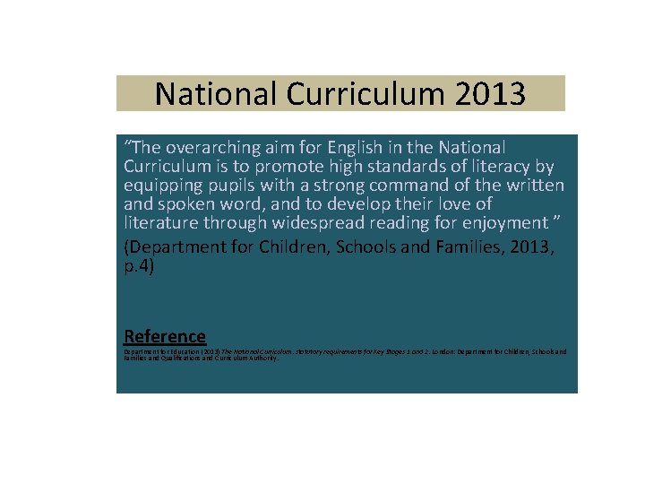 National Curriculum 2013 “The overarching aim for English in the National Curriculum is to