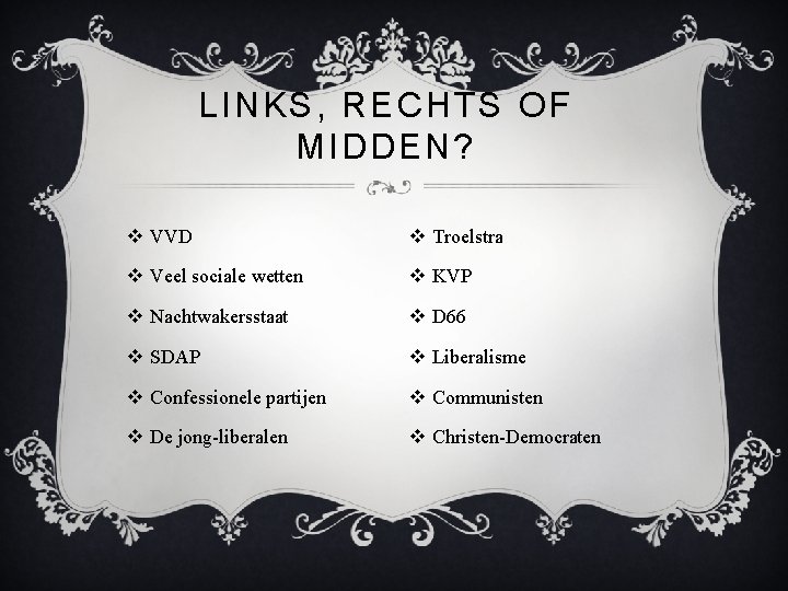 LINKS, RECHTS OF MIDDEN? v VVD v Troelstra v Veel sociale wetten v KVP