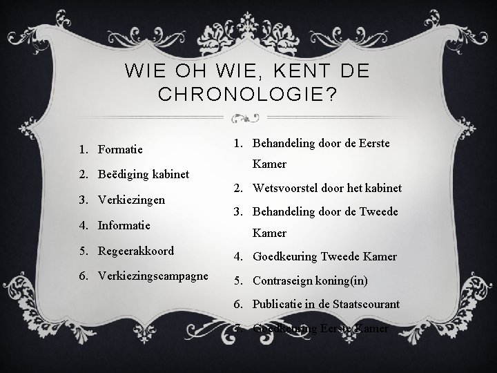 WIE OH WIE, KENT DE CHRONOLOGIE? 1. Formatie 2. Beëdiging kabinet 3. Verkiezingen 4.