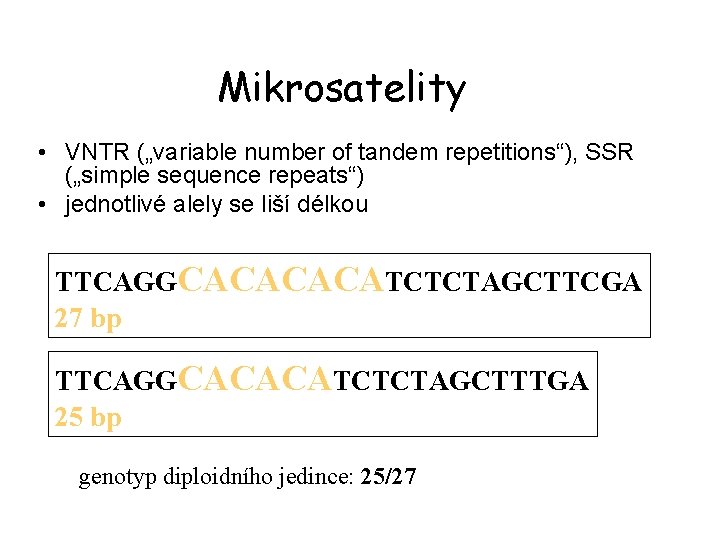 Mikrosatelity • VNTR („variable number of tandem repetitions“), SSR („simple sequence repeats“) • jednotlivé