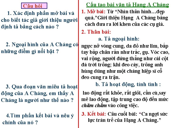 Cấu tạo bài văn tả Hạng A Cháng Câu hỏi 1. Xác định phần