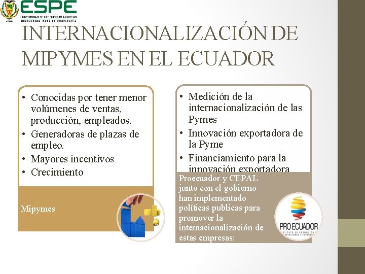 INTERNACIONALIZACIÓN DE MIPYMES EN EL ECUADOR • Conocidas por tener menor volúmenes de ventas,