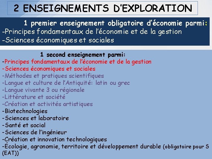 2 ENSEIGNEMENTS D’EXPLORATION 1 premier enseignement obligatoire d’économie parmi: -Principes fondamentaux de l’économie et