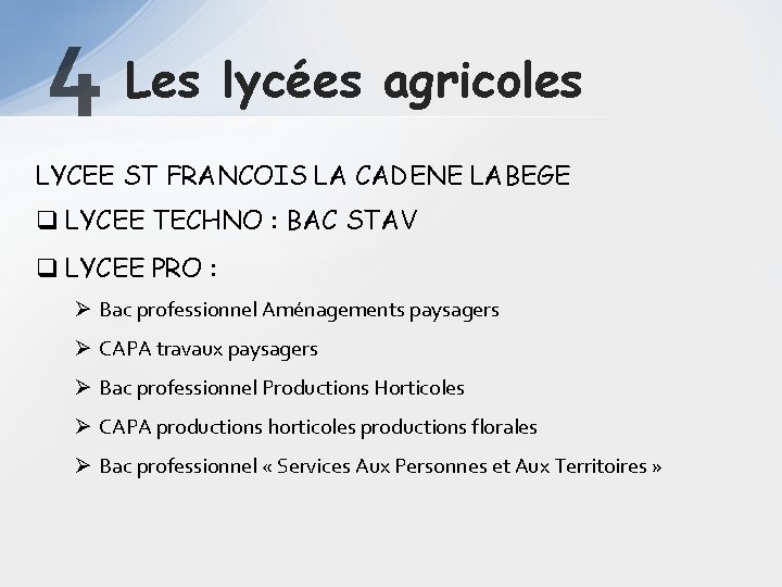 4 Les lycées agricoles LYCEE ST FRANCOIS LA CADENE LABEGE q LYCEE TECHNO :