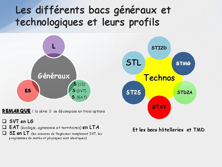 Les différents bacs généraux et technologiques et leurs profils L STI 2 D STL
