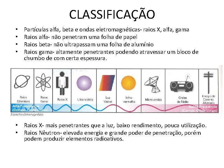 CLASSIFICAÇÃO • • Partículas alfa, beta e ondas eletromagnéticas- raios X, alfa, gama Raios