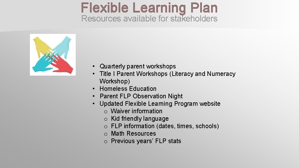 Flexible Learning Plan Resources available for stakeholders • Quarterly parent workshops • Title I